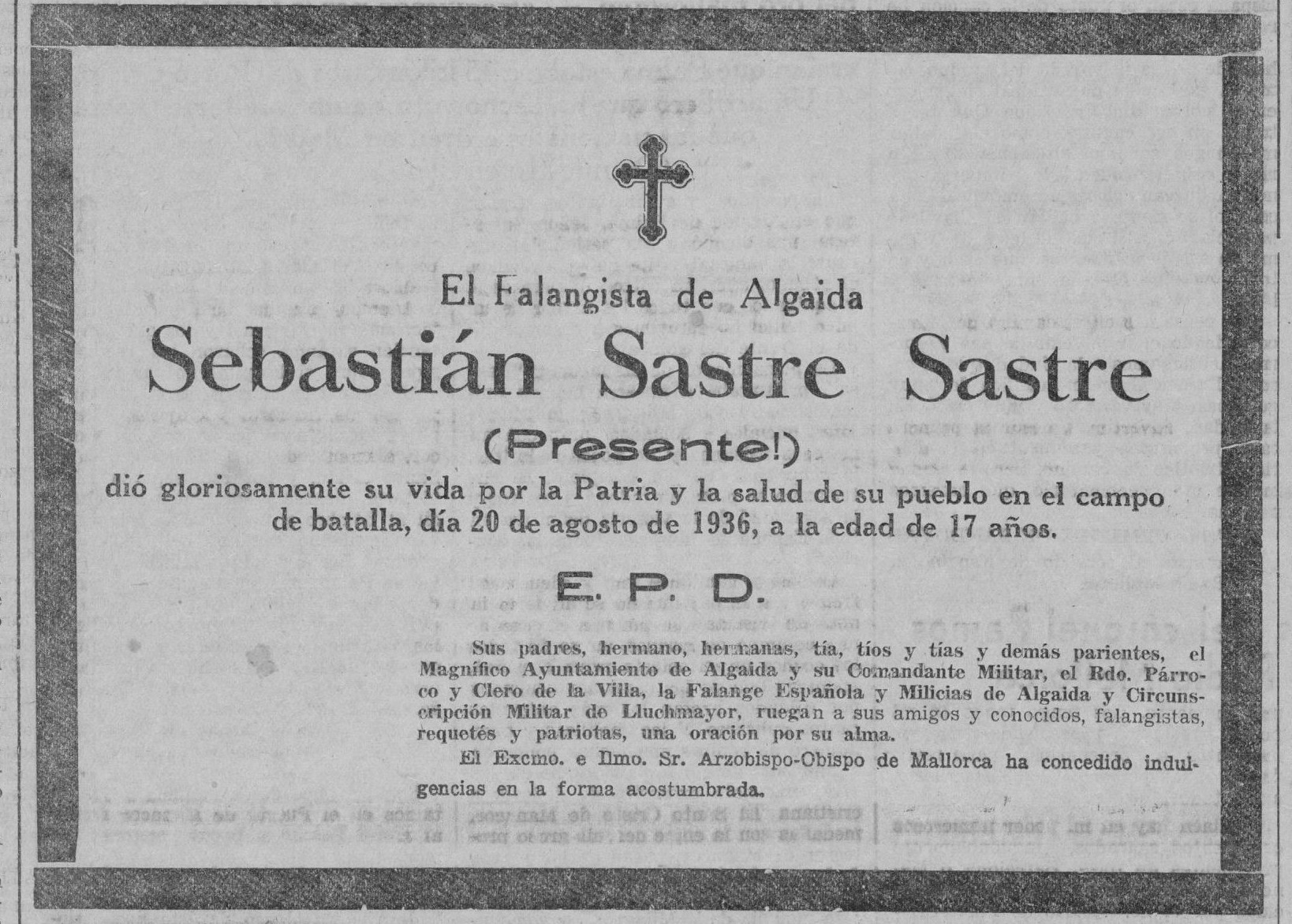 Los caídos de Falange en Mallorca durante el verano de 1936